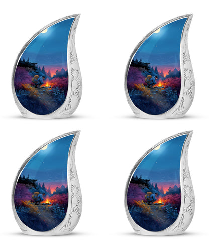 Bright Blue Campfire Cremation Urn close-up of engraving and surface detail - graceful tear-shaped urn with campfire motif - 10 inch aluminum urn for cremated remains