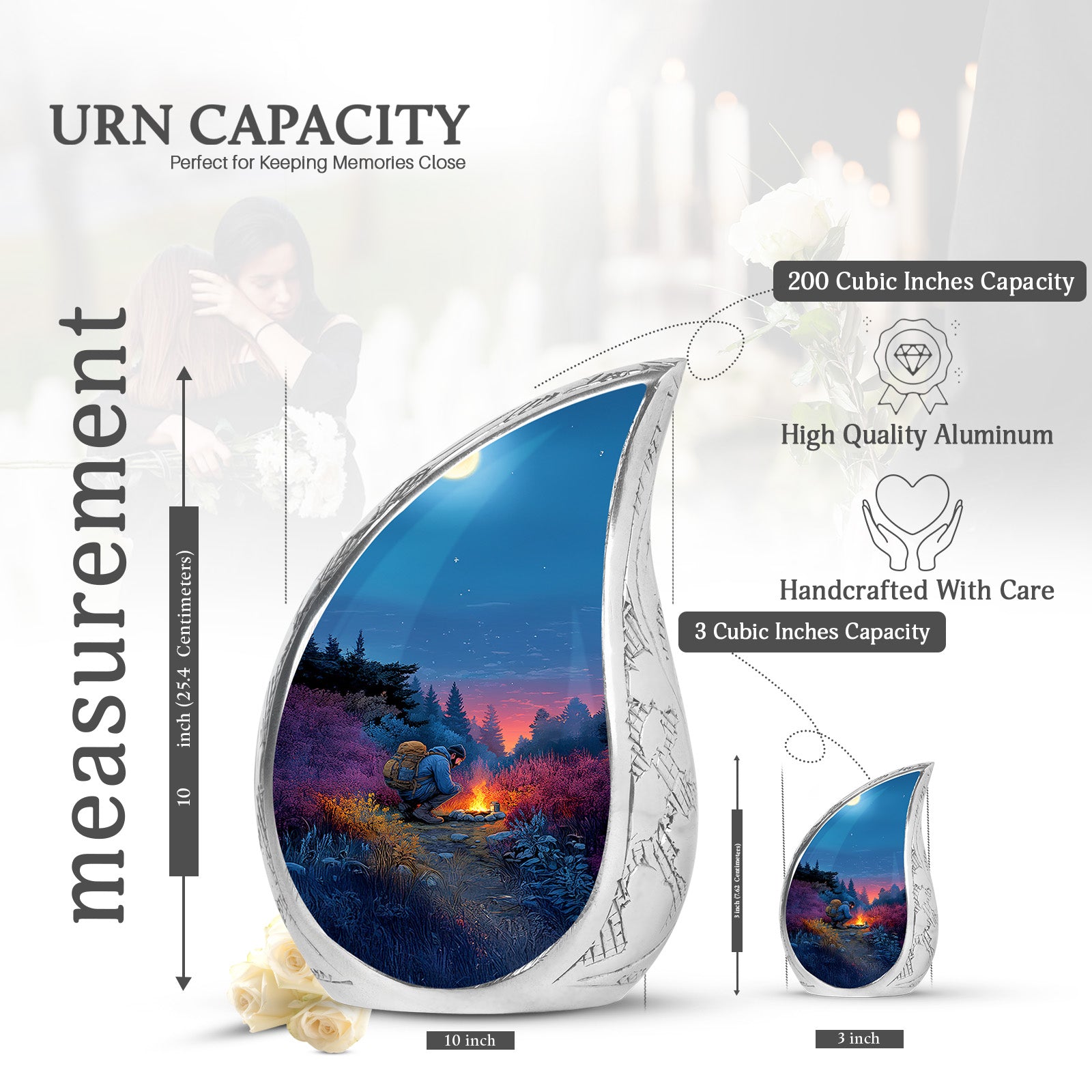 Serene Blue Campfire Cremation Urn angled view of lid and engraved motif - smooth teardrop contour featuring campfire art - mini keepsake memorial for portion of cremation ashes