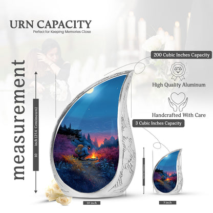 Serene Blue Campfire Cremation Urn angled view of lid and engraved motif - smooth teardrop contour featuring campfire art - mini keepsake memorial for portion of cremation ashes