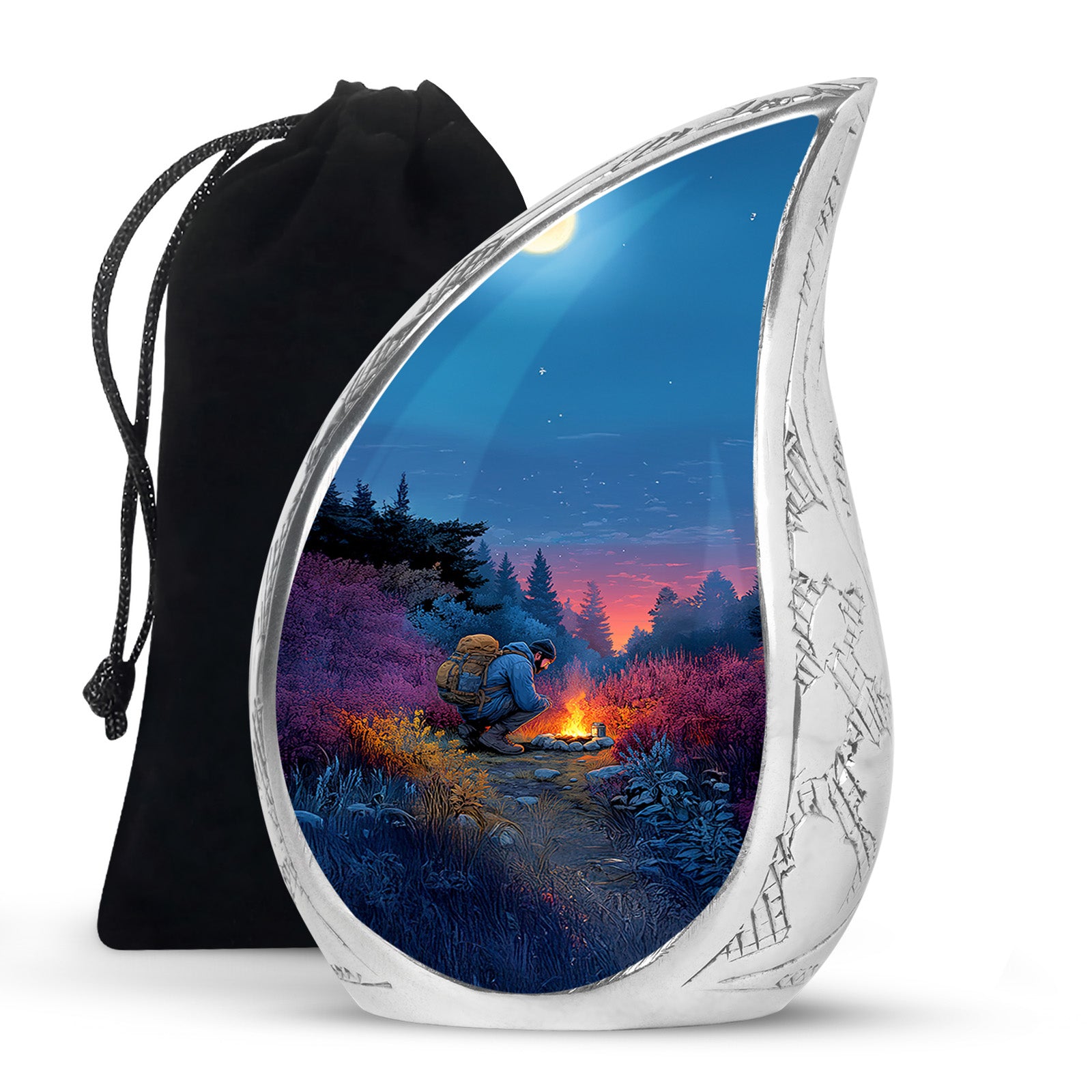 Dusty Blue Campfire Cremation Urn front view showing detailed design - rounded teardrop campfire design with delicate detail - full-size 10 inch 200 cubic inch adult cremation urn