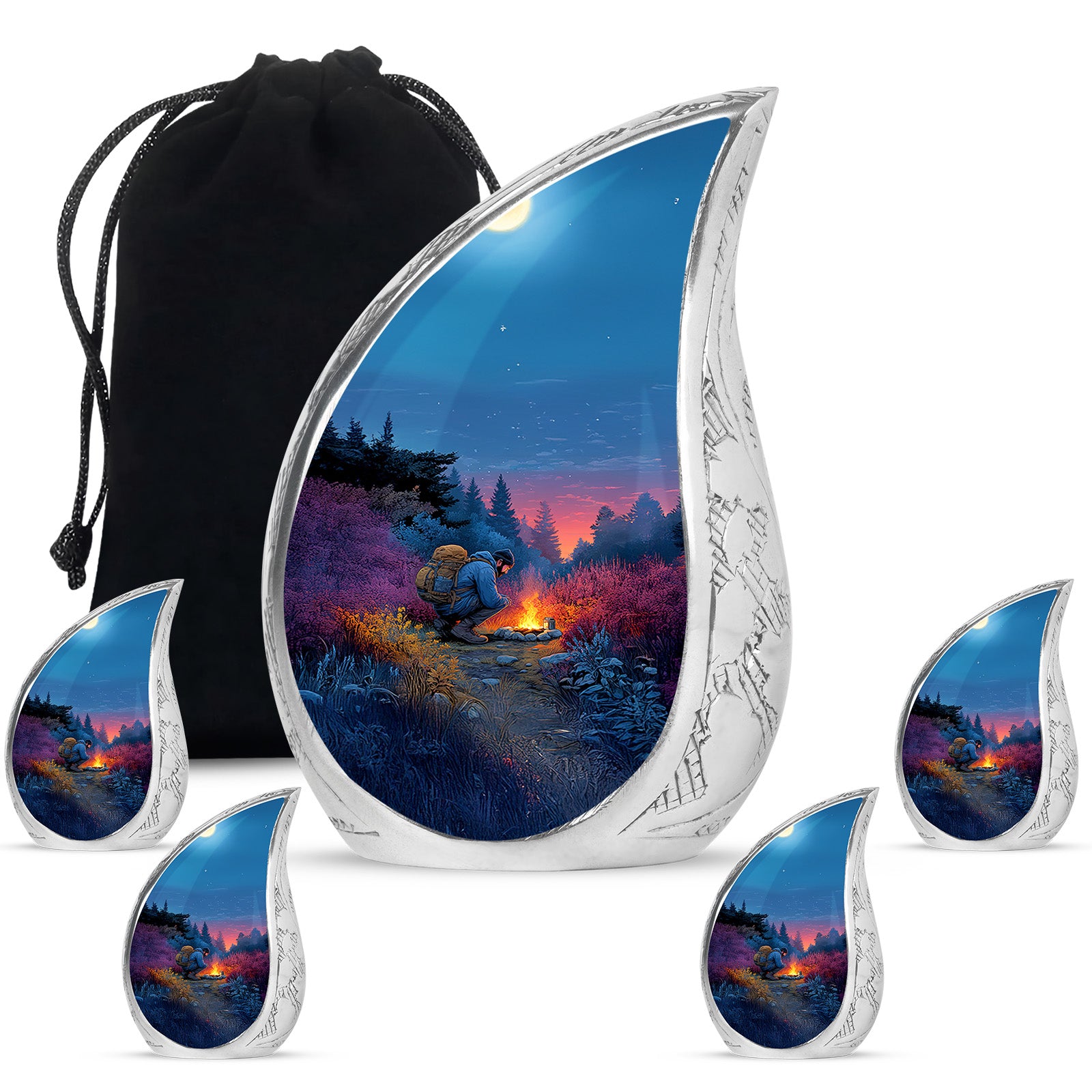 Serene Blue Campfire Cremation Urn side profile showing urn shape - smooth teardrop contour featuring campfire art - memorial set with one large and four small urns
