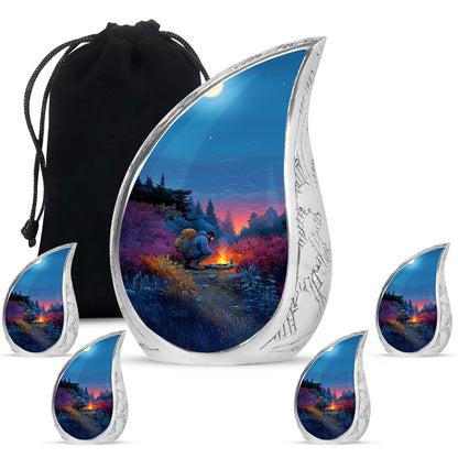 Serene Blue Campfire Cremation Urn side profile showing urn shape - smooth teardrop contour featuring campfire art - memorial set with one large and four small urns