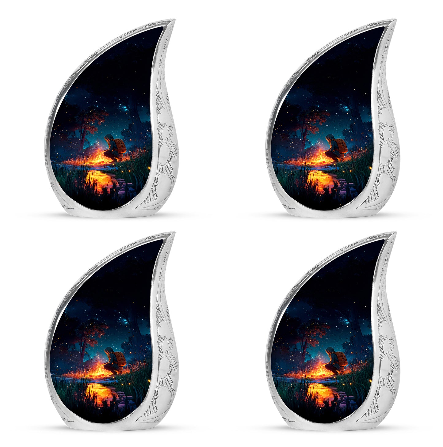 Dusty Blue Campfire Cremation Urn close-up of engraving and surface detail - rounded teardrop campfire design with delicate detail - 10 inch aluminum urn for cremated remains