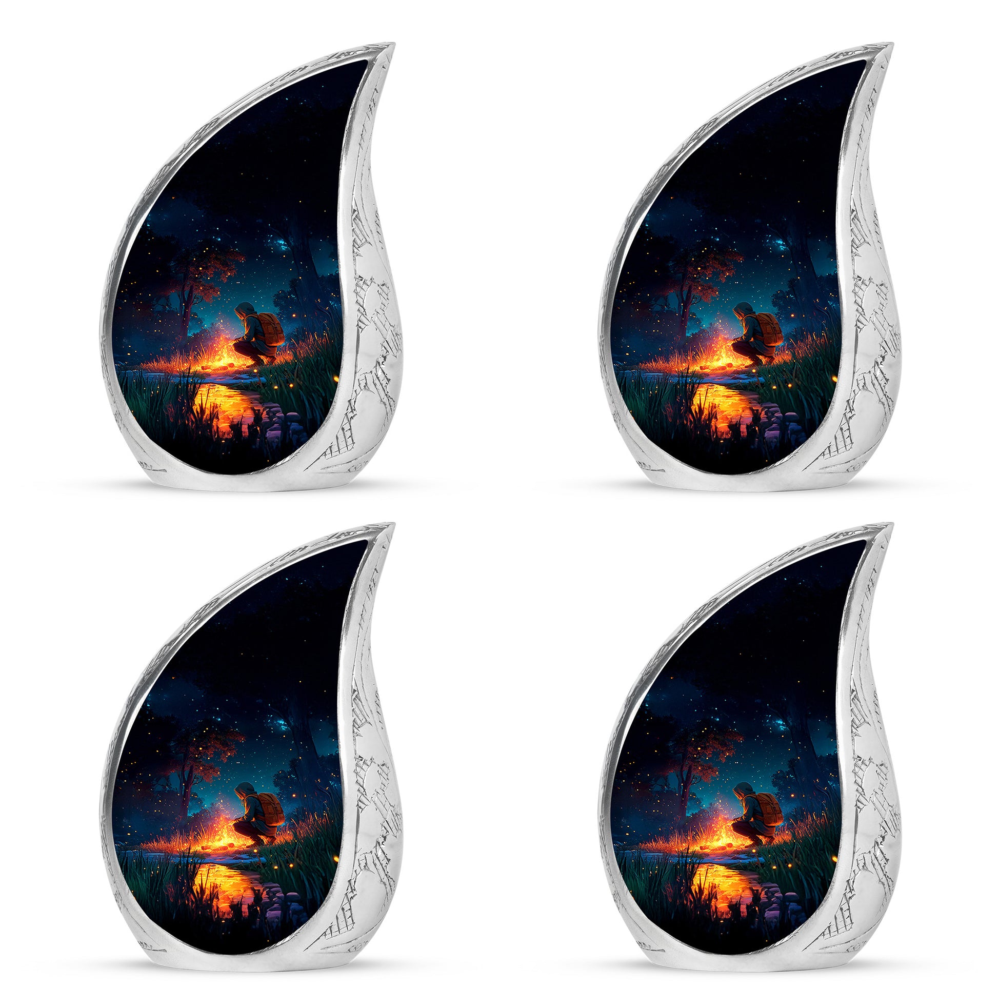 Dusty Blue Campfire Cremation Urn close-up of engraving and surface detail - rounded teardrop campfire design with delicate detail - 10 inch aluminum urn for cremated remains