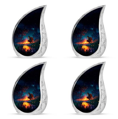 Dusty Blue Campfire Cremation Urn close-up of engraving and surface detail - rounded teardrop campfire design with delicate detail - 10 inch aluminum urn for cremated remains