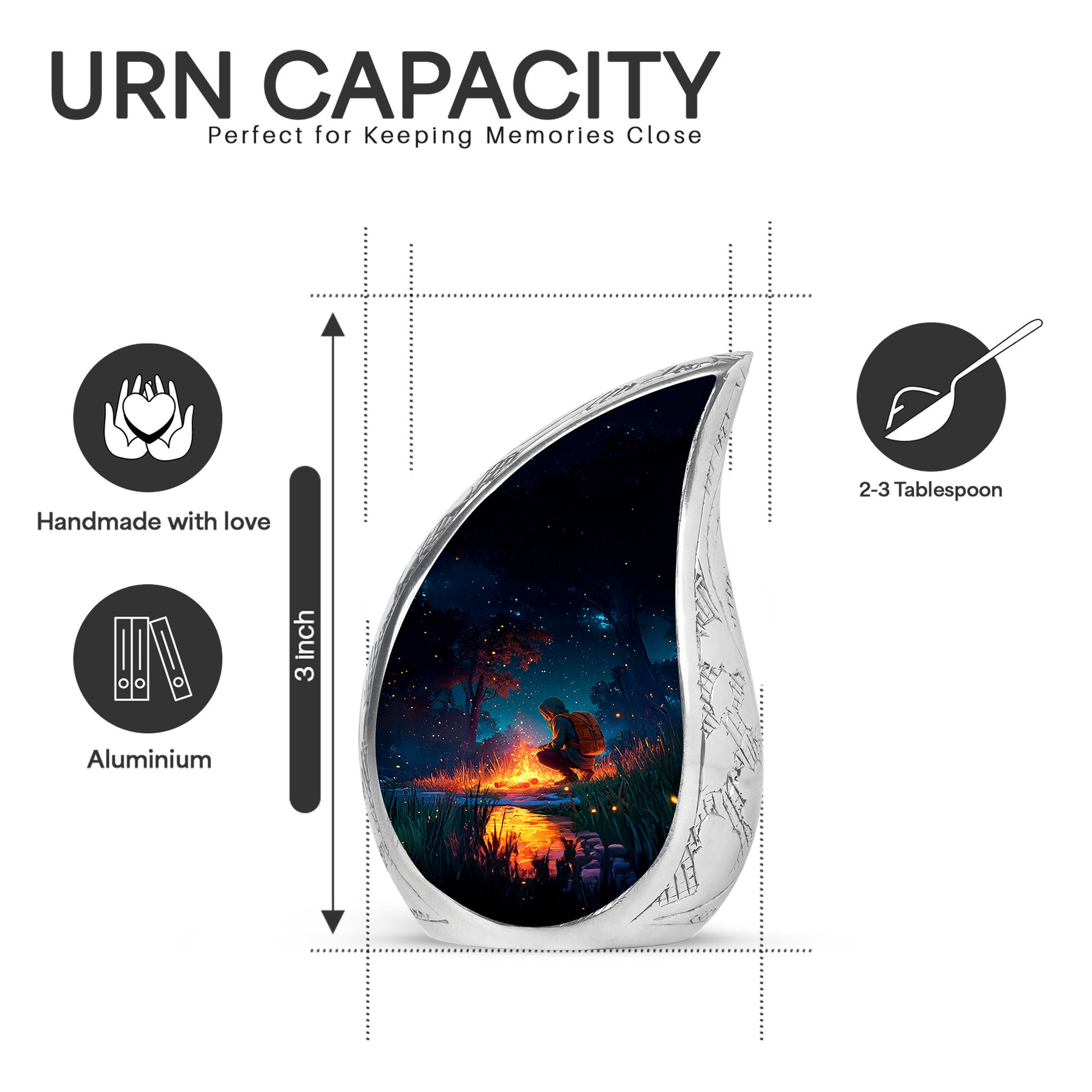 Indigo Campfire Cremation Urn angled view of lid and engraved motif - flowing teardrop campfire silhouette on curved aluminum - mini keepsake memorial for portion of cremation ashes