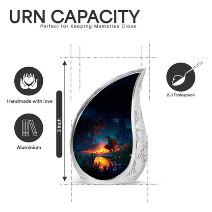 Indigo Campfire Cremation Urn angled view of lid and engraved motif - flowing teardrop campfire silhouette on curved aluminum - mini keepsake memorial for portion of cremation ashes
