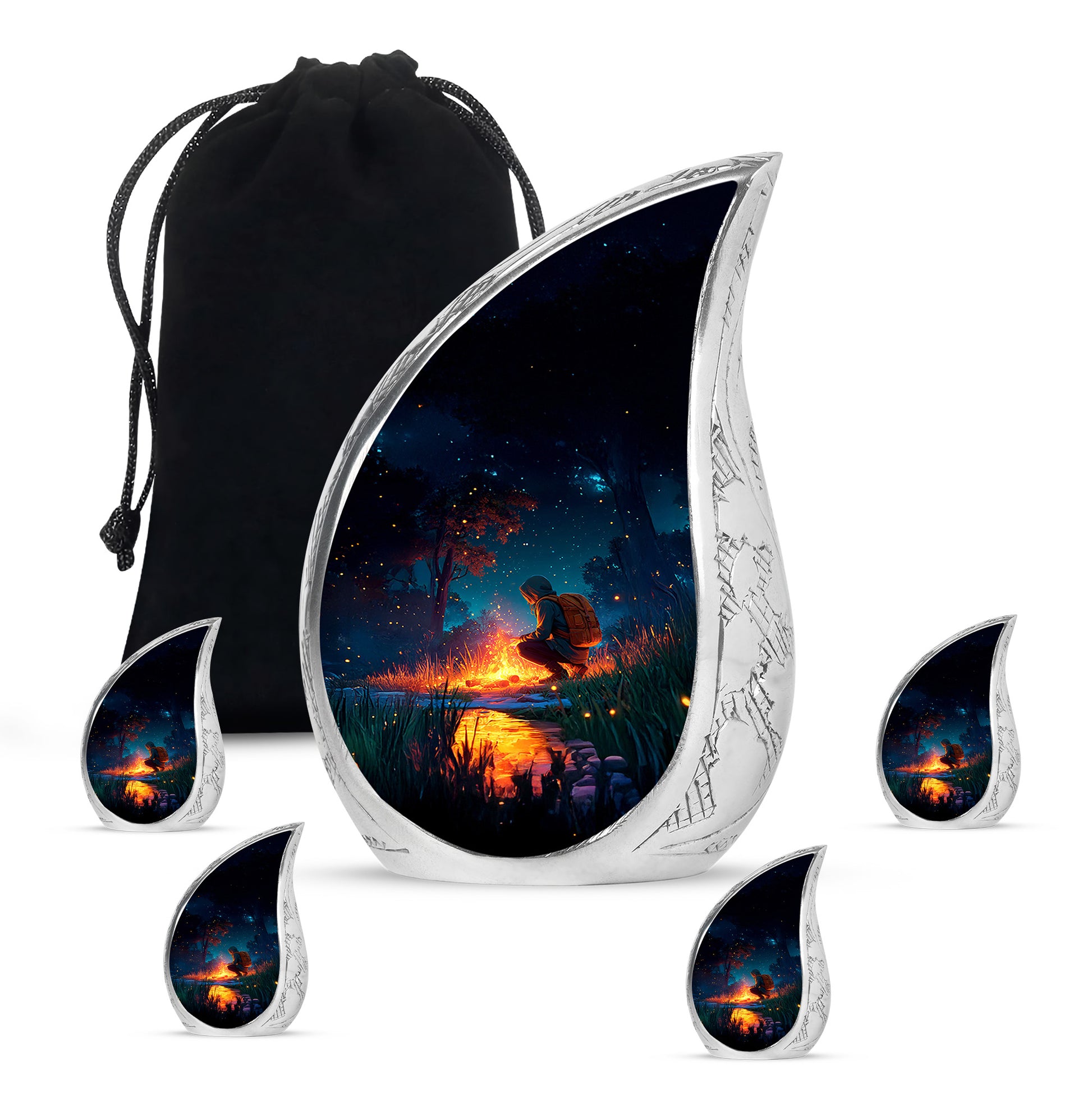 Bright Blue Campfire Cremation Urn side profile showing urn shape - graceful tear-shaped urn with campfire motif - memorial set with one large and four small urns