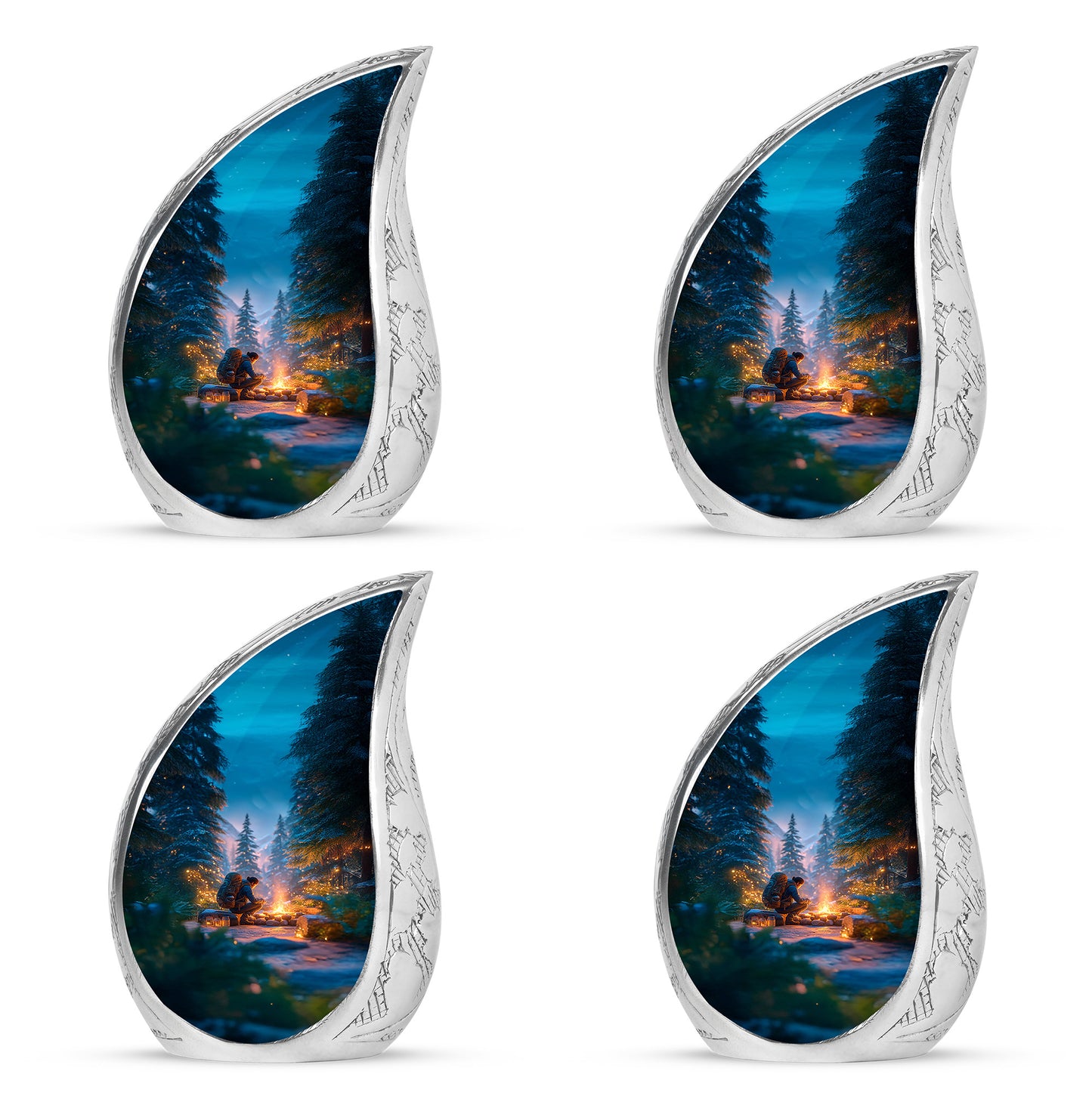 Powder Blue Campfire Cremation Urn close-up of engraving and surface detail - flowing teardrop campfire silhouette on curved aluminum - 10 inch aluminum urn for cremated remains