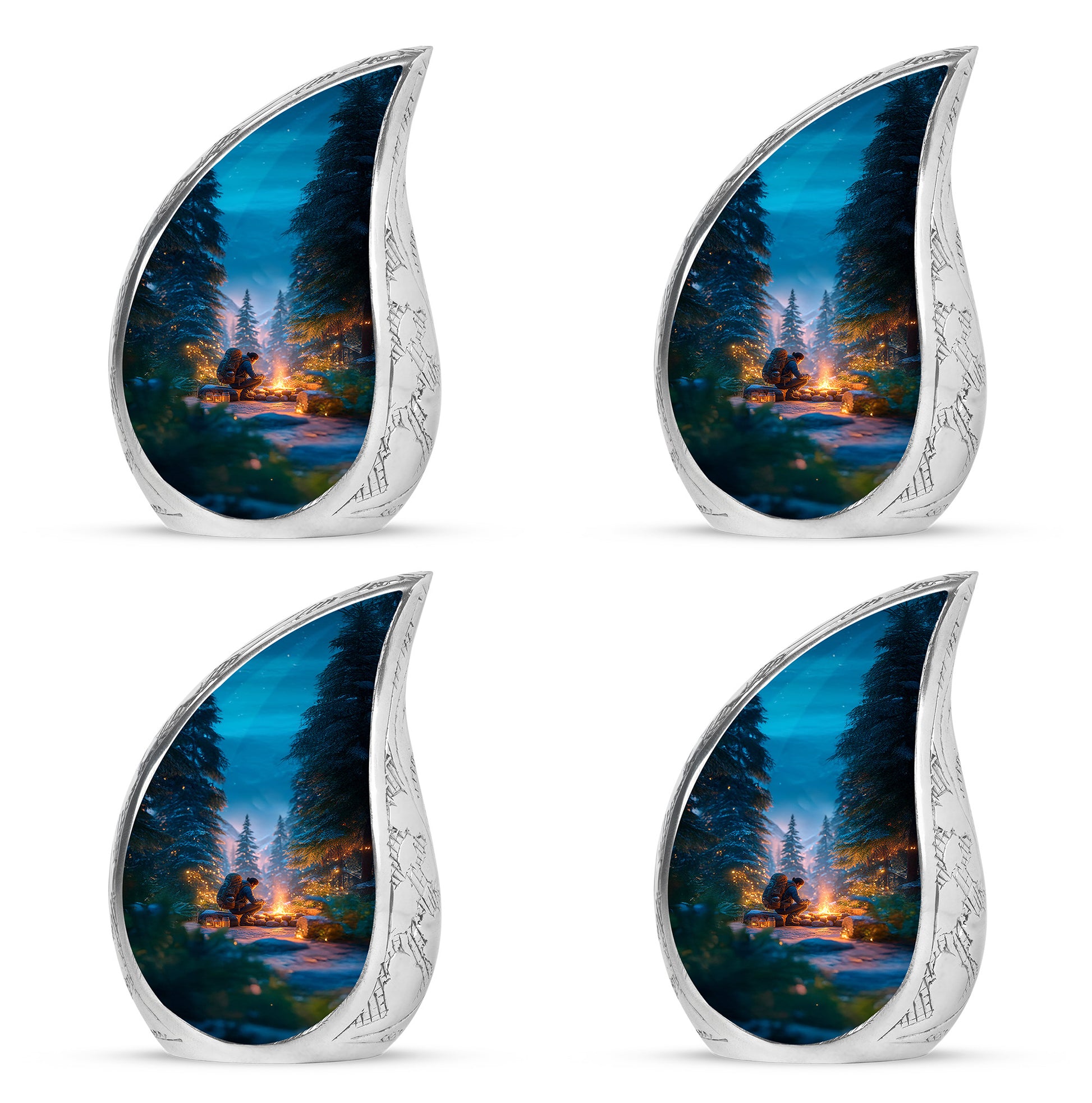 Powder Blue Campfire Cremation Urn close-up of engraving and surface detail - flowing teardrop campfire silhouette on curved aluminum - 10 inch aluminum urn for cremated remains