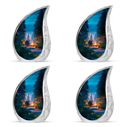 Powder Blue Campfire Cremation Urn close-up of engraving and surface detail - flowing teardrop campfire silhouette on curved aluminum - 10 inch aluminum urn for cremated remains