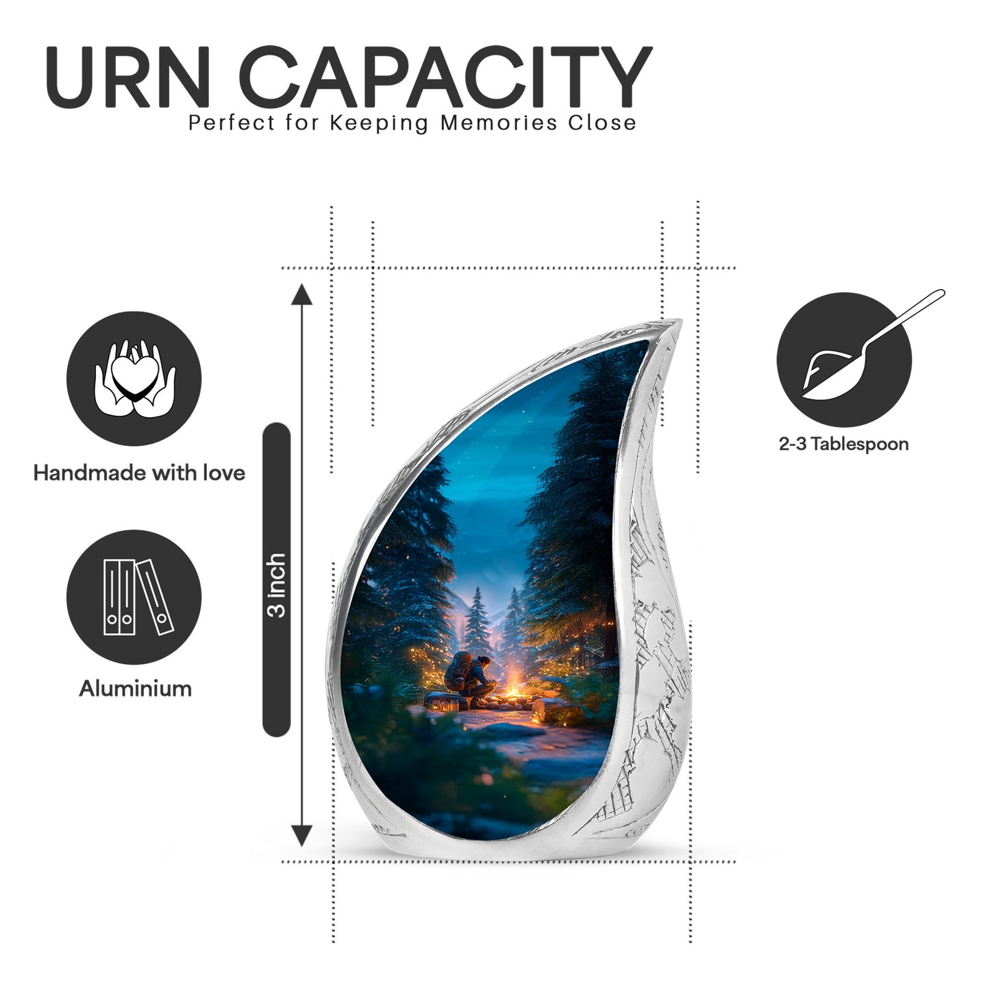 Azure Campfire Cremation Urn angled view of lid and engraved motif - rounded teardrop campfire design with delicate detail - mini keepsake memorial for portion of cremation ashes