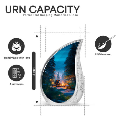 Azure Campfire Cremation Urn angled view of lid and engraved motif - rounded teardrop campfire design with delicate detail - mini keepsake memorial for portion of cremation ashes