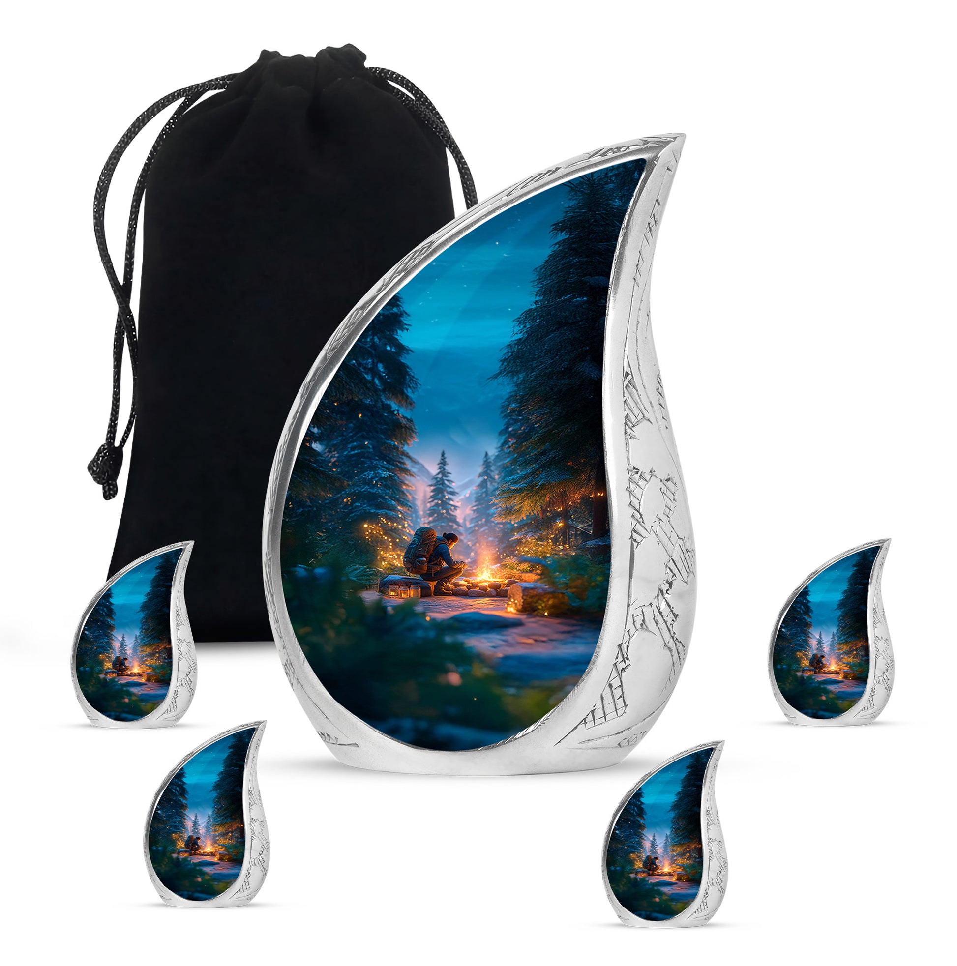 Serene Blue Campfire Cremation Urn side profile showing urn shape - graceful tear-shaped urn with campfire motif - memorial set with one large and four small urns