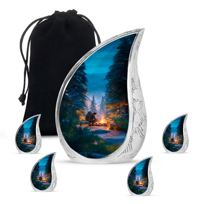 Serene Blue Campfire Cremation Urn side profile showing urn shape - graceful tear-shaped urn with campfire motif - memorial set with one large and four small urns