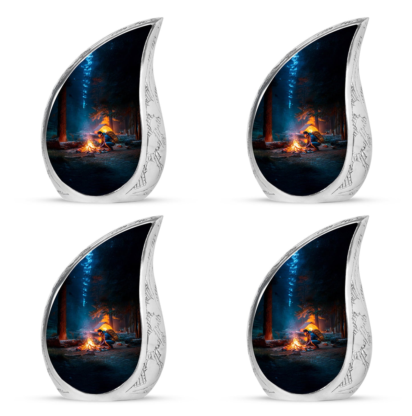 Bright Blue Campfire Cremation Urn close-up of engraving and surface detail - graceful tear-shaped urn with campfire motif - 10 inch aluminum urn for cremated remains