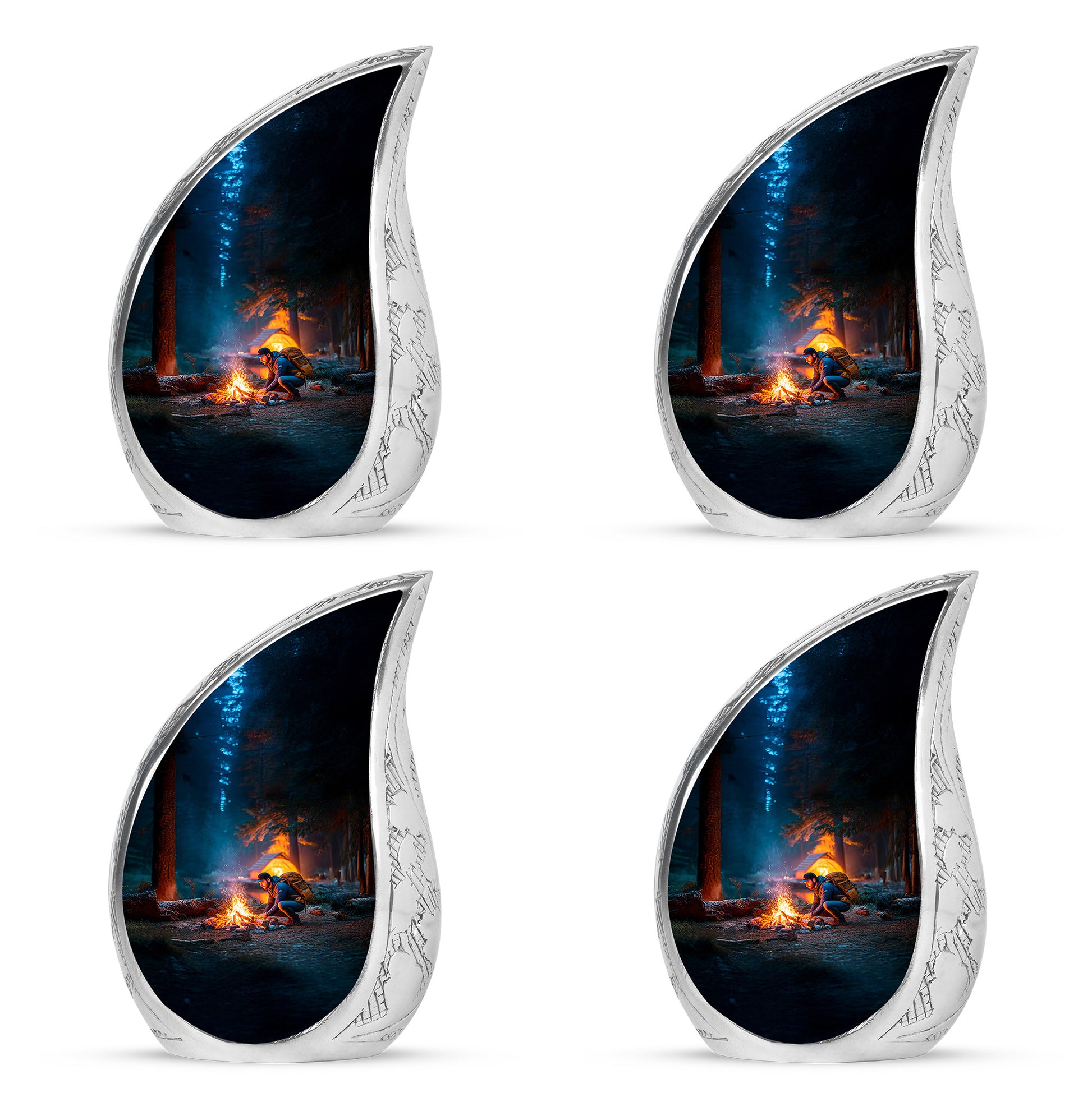 Bright Blue Campfire Cremation Urn close-up of engraving and surface detail - graceful tear-shaped urn with campfire motif - 10 inch aluminum urn for cremated remains