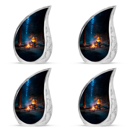 Bright Blue Campfire Cremation Urn close-up of engraving and surface detail - graceful tear-shaped urn with campfire motif - 10 inch aluminum urn for cremated remains