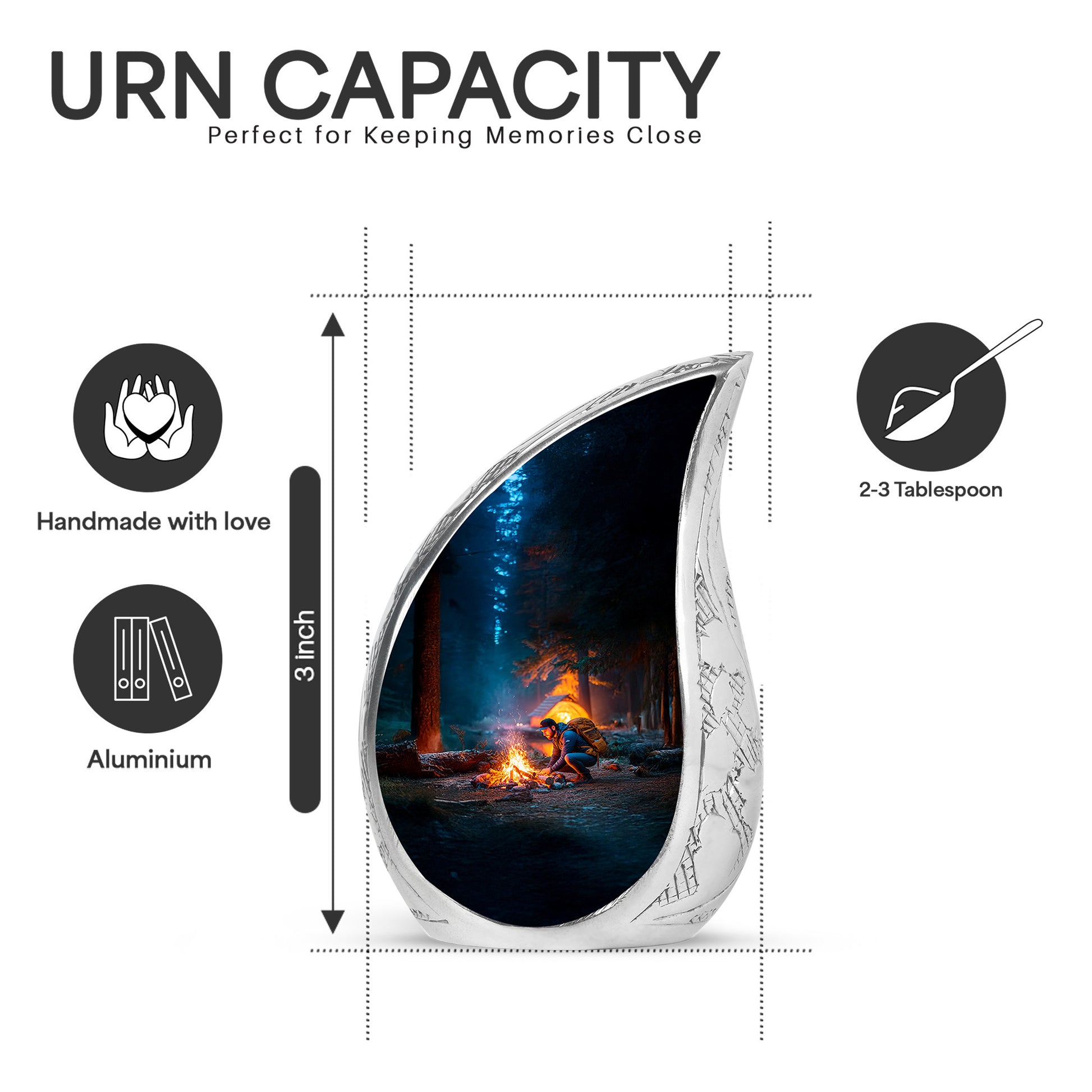 Cobalt Blue Campfire Cremation Urn angled view of lid and engraved motif - smooth teardrop contour featuring campfire art - mini keepsake memorial for portion of cremation ashes