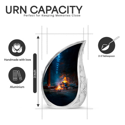 Cobalt Blue Campfire Cremation Urn angled view of lid and engraved motif - smooth teardrop contour featuring campfire art - mini keepsake memorial for portion of cremation ashes