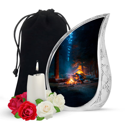 Dusty Blue Campfire Cremation Urn front view showing detailed design - flowing teardrop campfire silhouette on curved aluminum - full-size 10 inch 200 cubic inch adult cremation urn