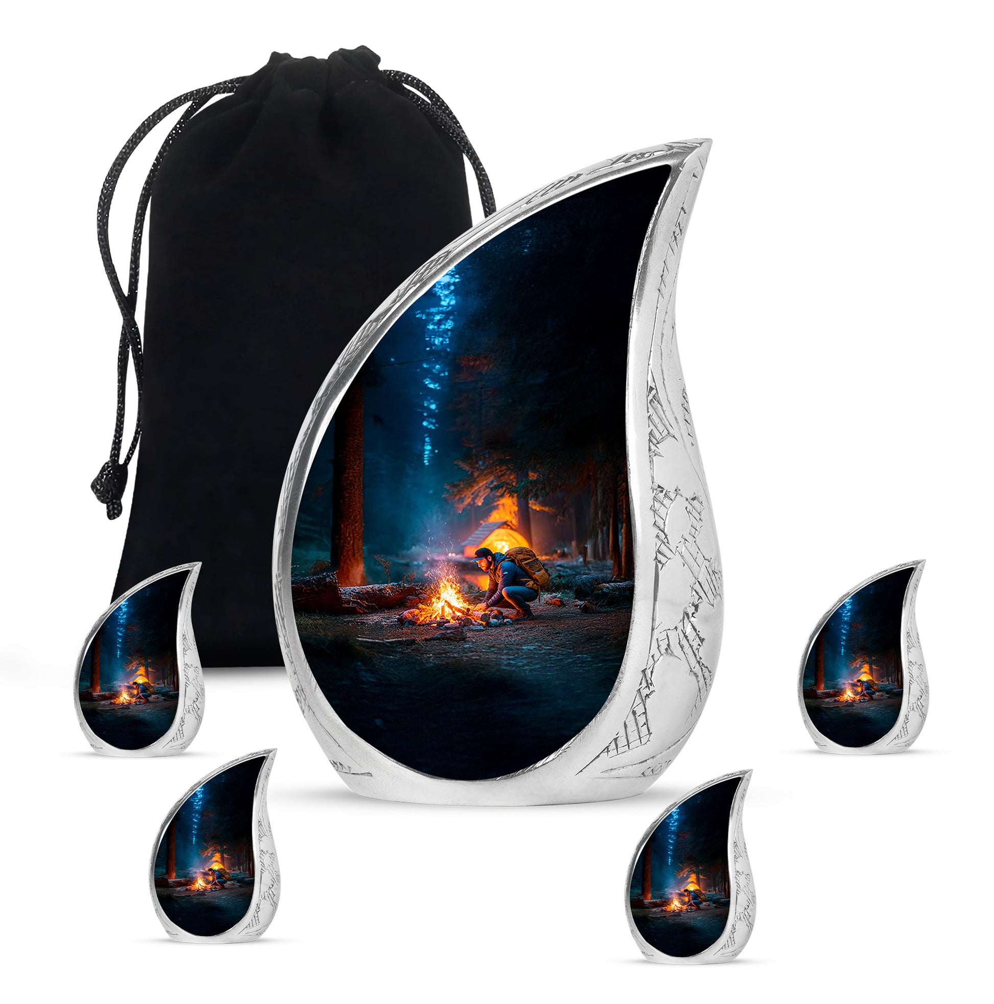 Twilight Blue Campfire Cremation Urn side profile showing urn shape - smooth teardrop contour featuring campfire art - memorial set with one large and four small urns