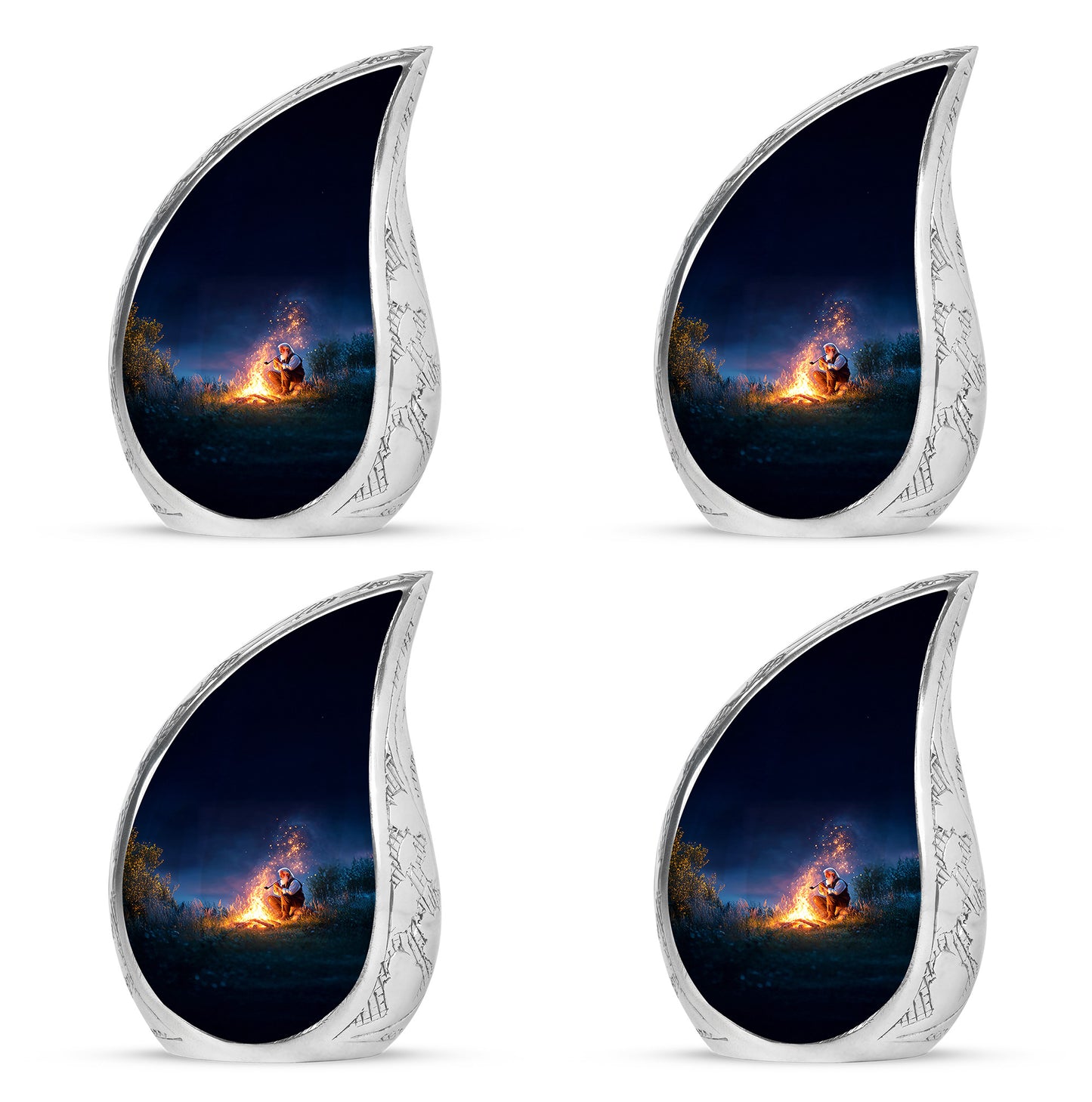 Cobalt Blue Campfire Cremation Urn close-up of engraving and surface detail - smooth teardrop contour featuring campfire art - 10 inch aluminum urn for cremated remains