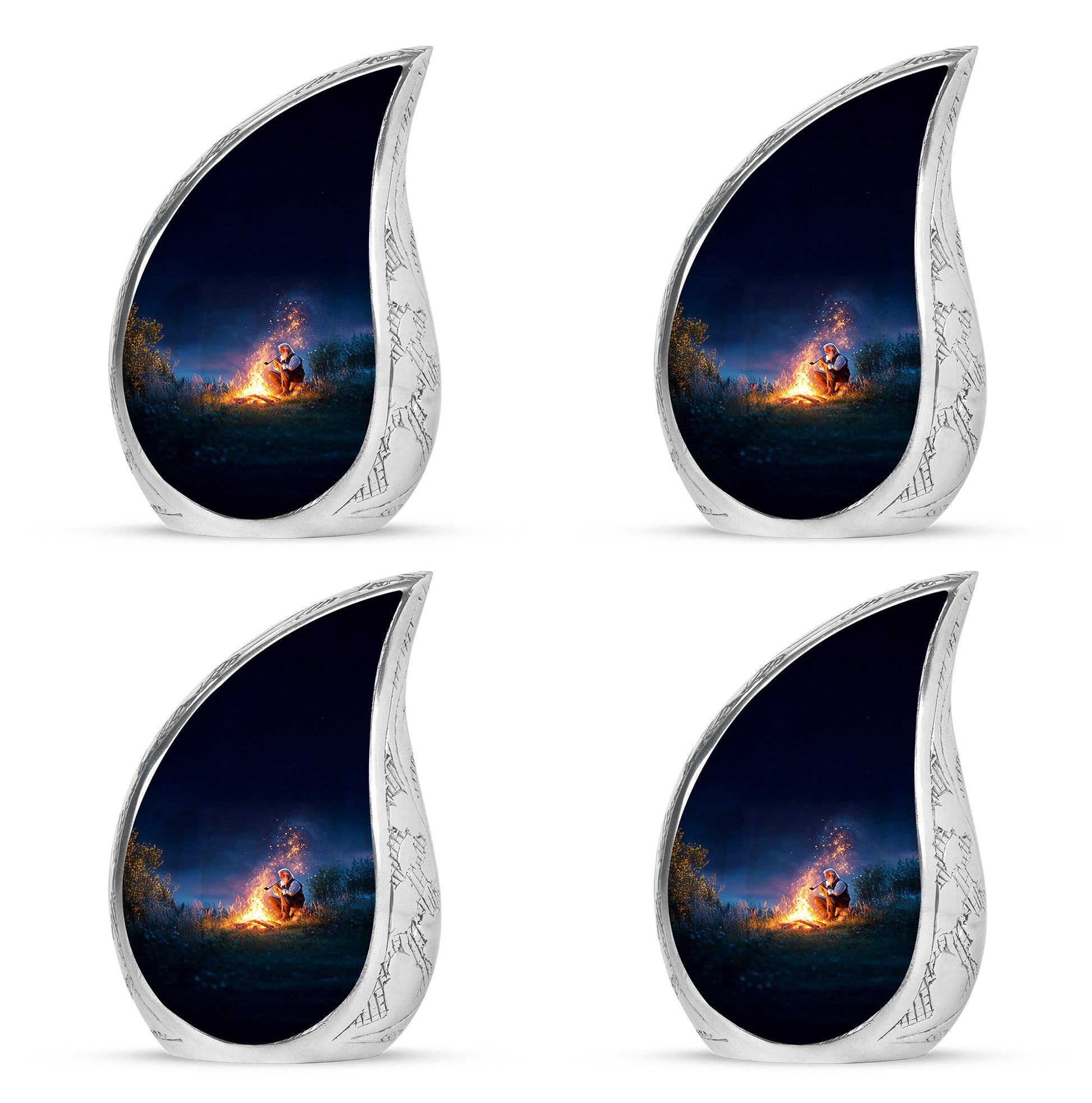Cobalt Blue Campfire Cremation Urn close-up of engraving and surface detail - smooth teardrop contour featuring campfire art - 10 inch aluminum urn for cremated remains