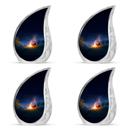 Cobalt Blue Campfire Cremation Urn close-up of engraving and surface detail - smooth teardrop contour featuring campfire art - 10 inch aluminum urn for cremated remains