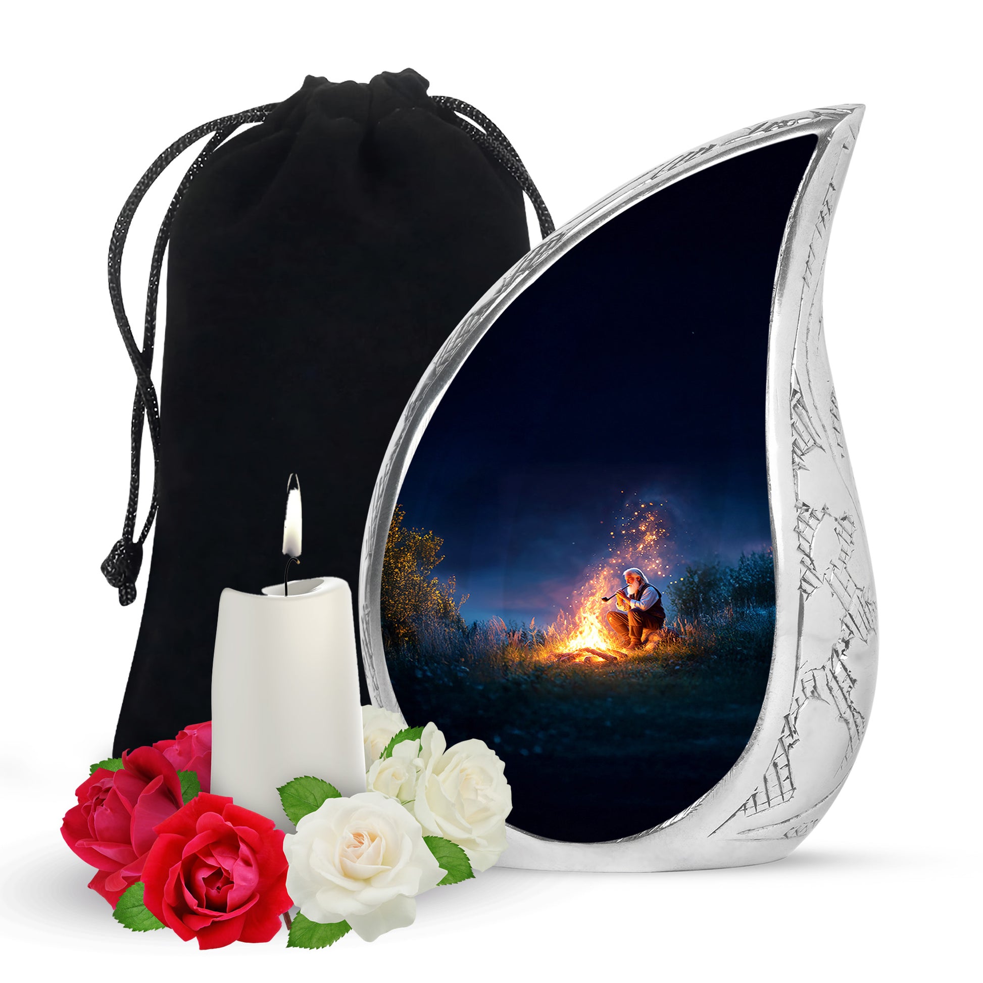 Icy Blue Campfire Cremation Urn front view showing detailed design - flowing teardrop campfire silhouette on curved aluminum - full-size 10 inch 200 cubic inch adult cremation urn