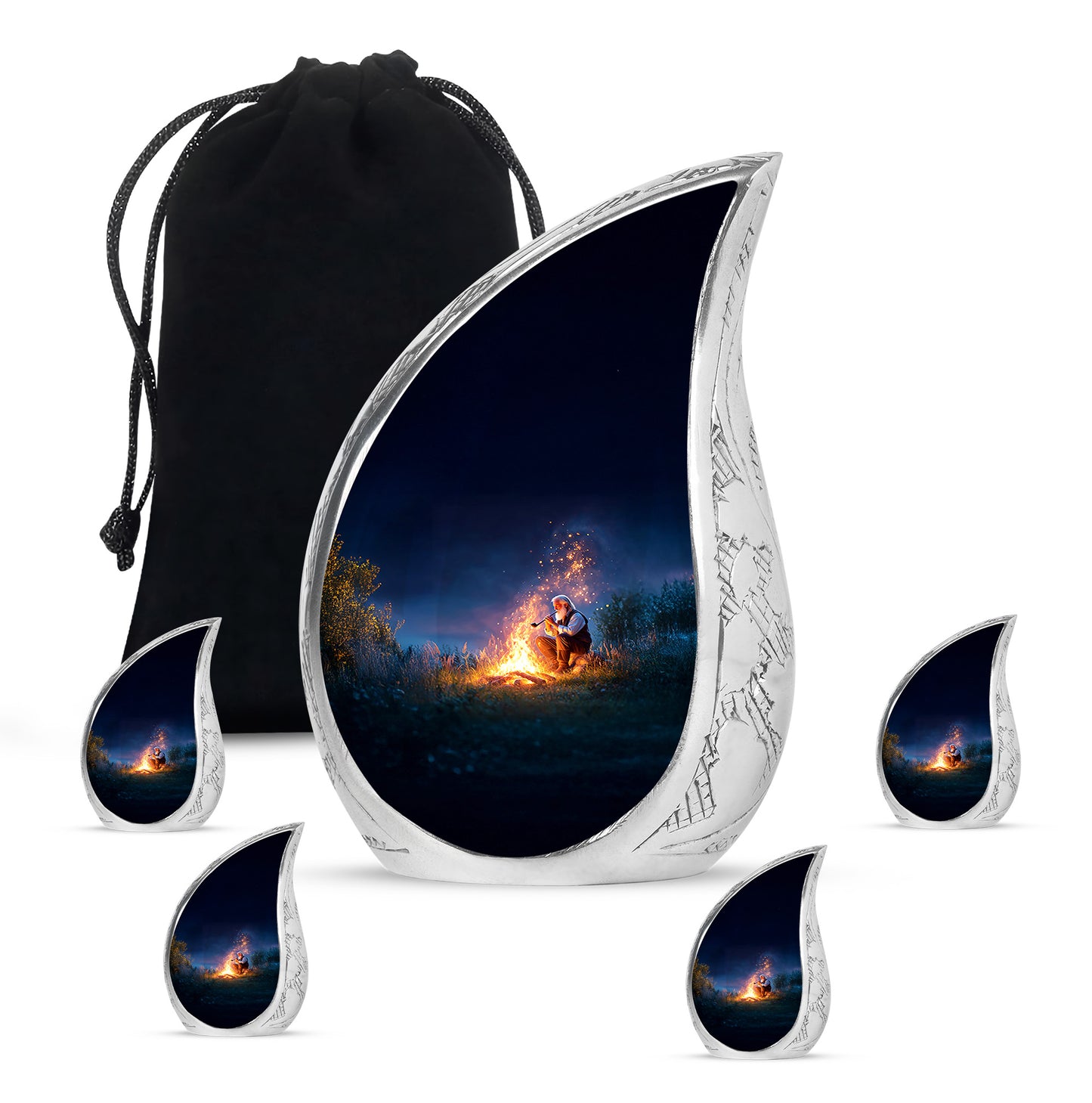 Dusty Blue Campfire Cremation Urn side profile showing urn shape - flowing teardrop campfire silhouette on curved aluminum - memorial set with one large and four small urns