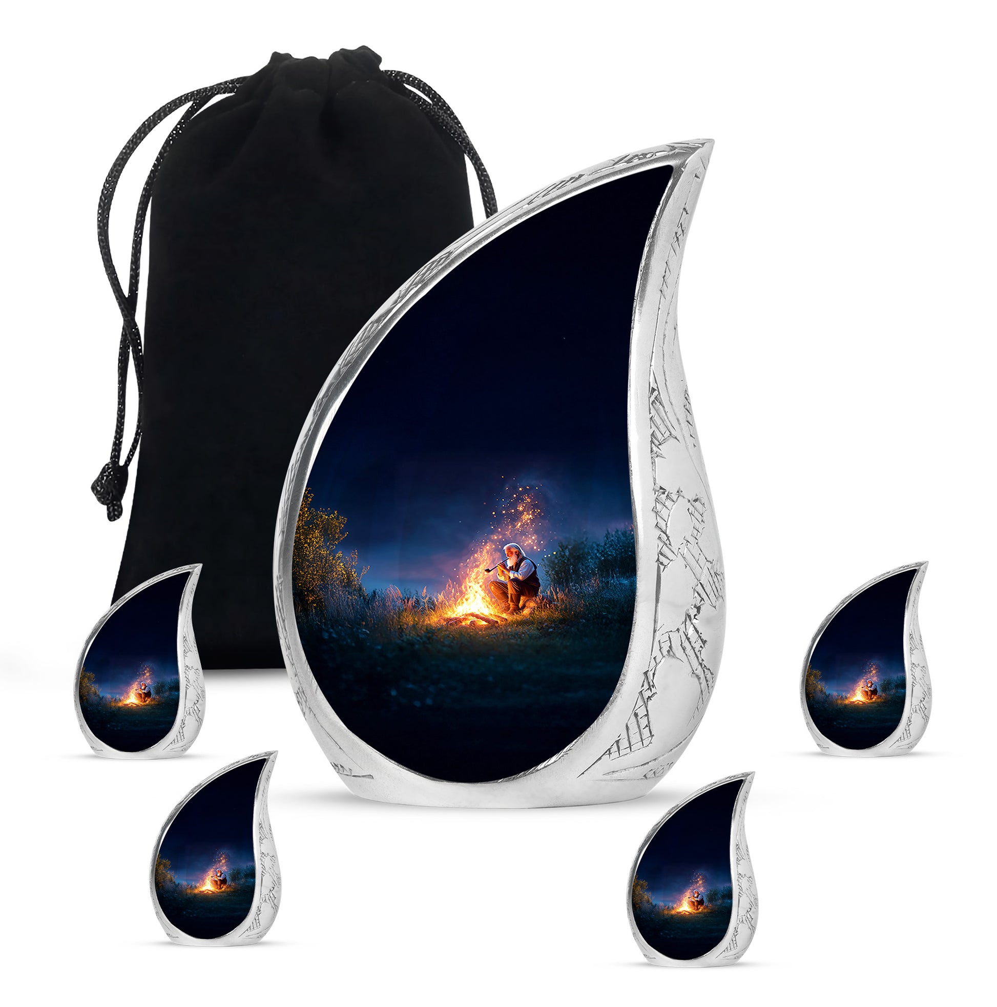 Dusty Blue Campfire Cremation Urn side profile showing urn shape - flowing teardrop campfire silhouette on curved aluminum - memorial set with one large and four small urns