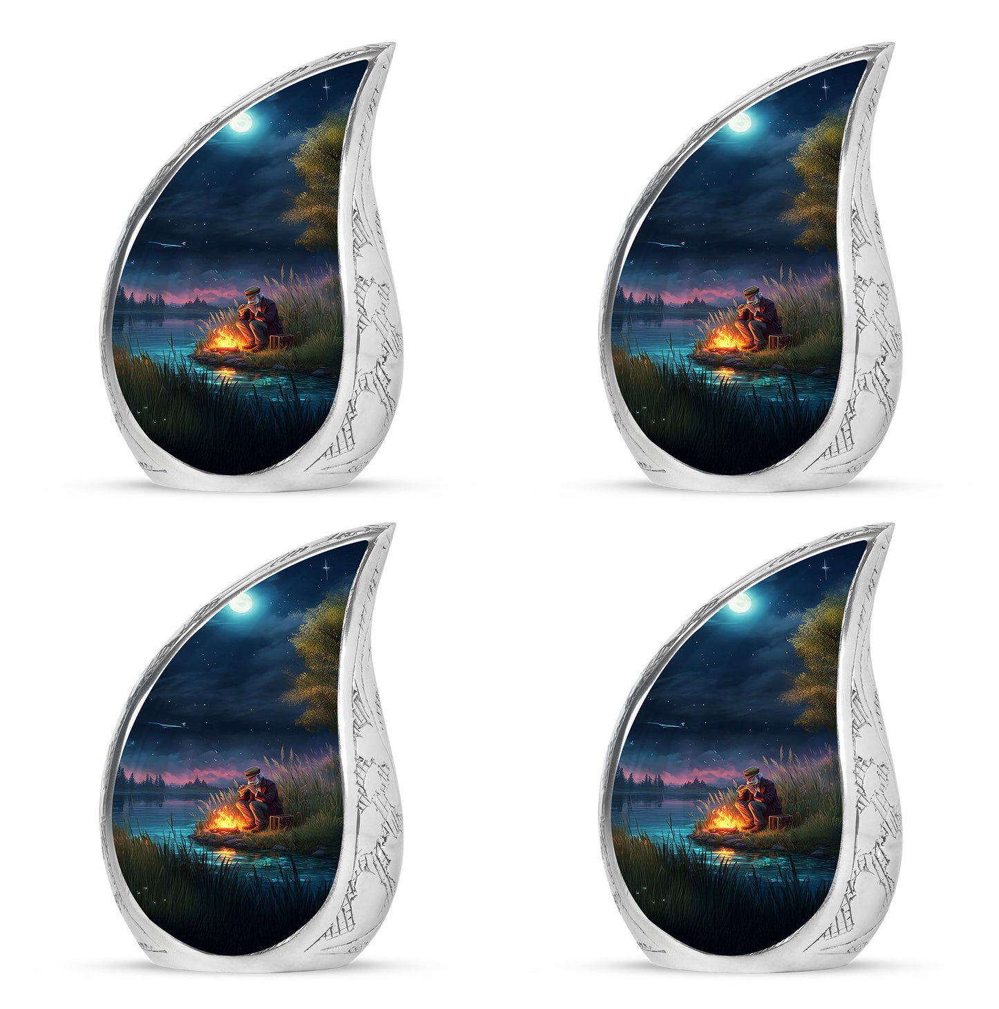 Misty Blue Campfire Cremation Urn close-up of engraving and surface detail - flowing teardrop campfire silhouette on curved aluminum - 10 inch aluminum urn for cremated remains