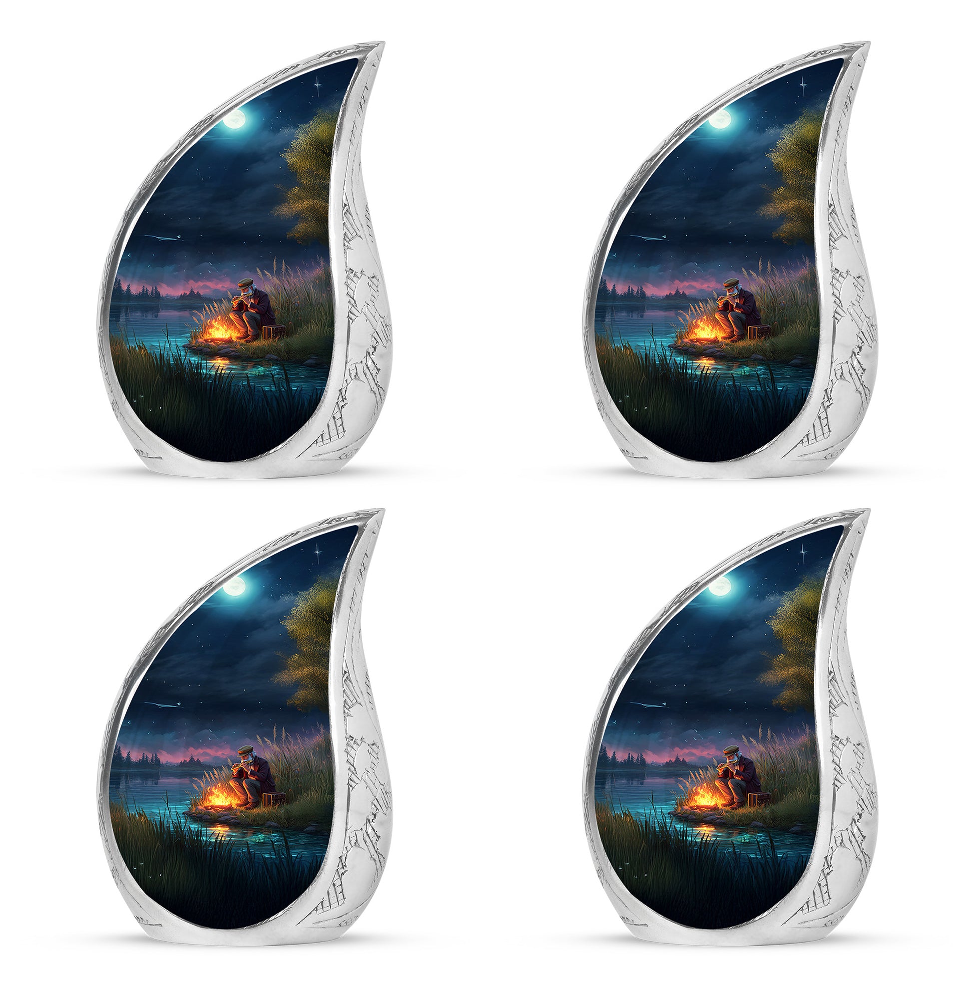 Misty Blue Campfire Cremation Urn close-up of engraving and surface detail - flowing teardrop campfire silhouette on curved aluminum - 10 inch aluminum urn for cremated remains