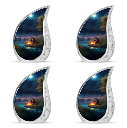 Misty Blue Campfire Cremation Urn close-up of engraving and surface detail - flowing teardrop campfire silhouette on curved aluminum - 10 inch aluminum urn for cremated remains