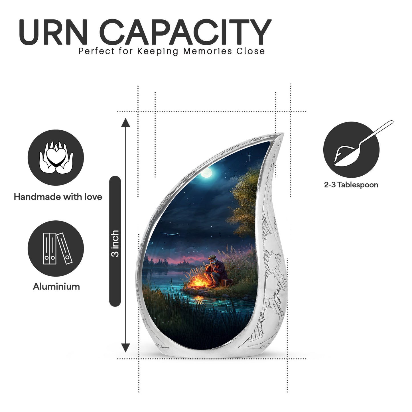 Cornflower Blue Campfire Cremation Urn angled view of lid and engraved motif - smooth teardrop contour featuring campfire art - mini keepsake memorial for portion of cremation ashes