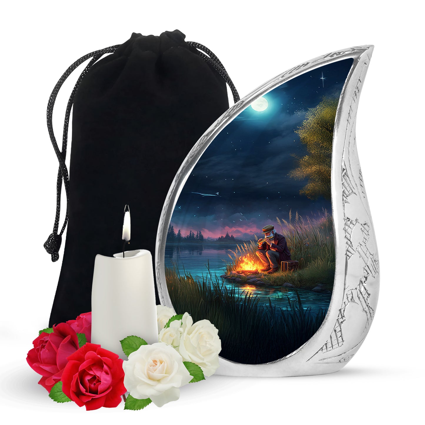 Vivid Blue Campfire Cremation Urn front view showing detailed design - smooth teardrop contour featuring campfire art - full-size 10 inch 200 cubic inch adult cremation urn