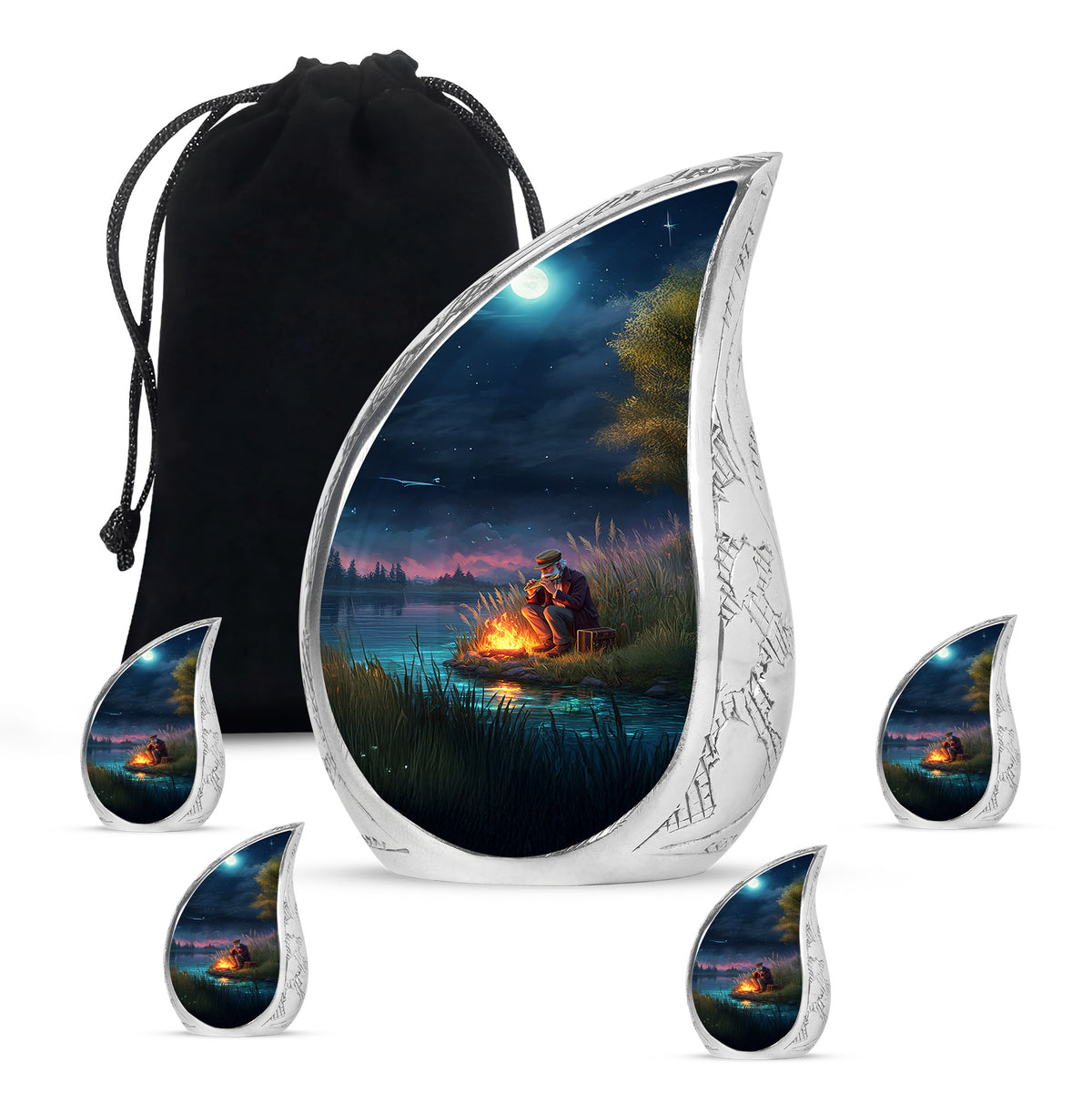 Celestial Blue Campfire Cremation Urn side profile showing urn shape - rounded teardrop campfire design with delicate detail - memorial set with one large and four small urns