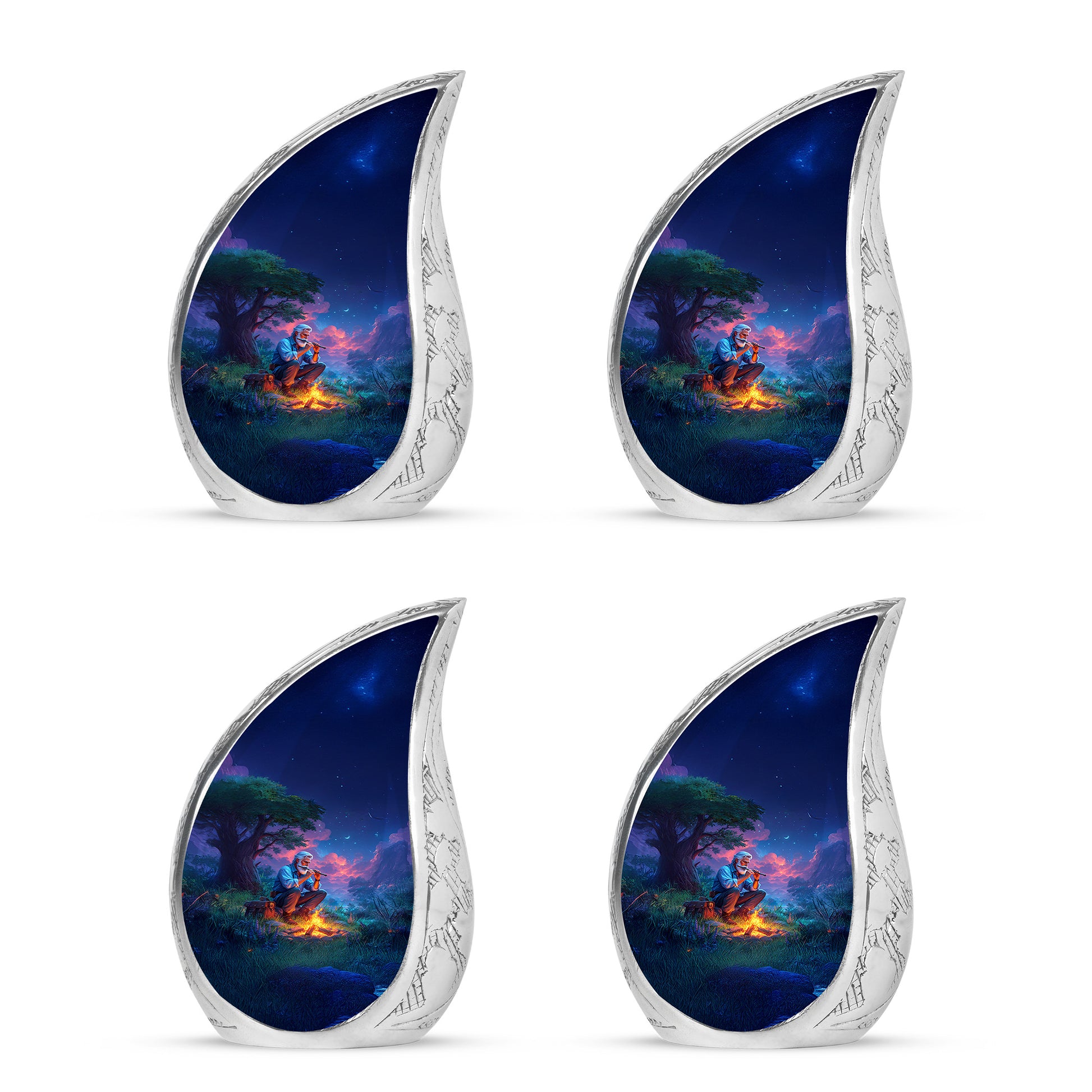 Twilight Blue Campfire Cremation Urn close-up of engraving and surface detail - smooth teardrop contour featuring campfire art - 10 inch aluminum urn for cremated remains
