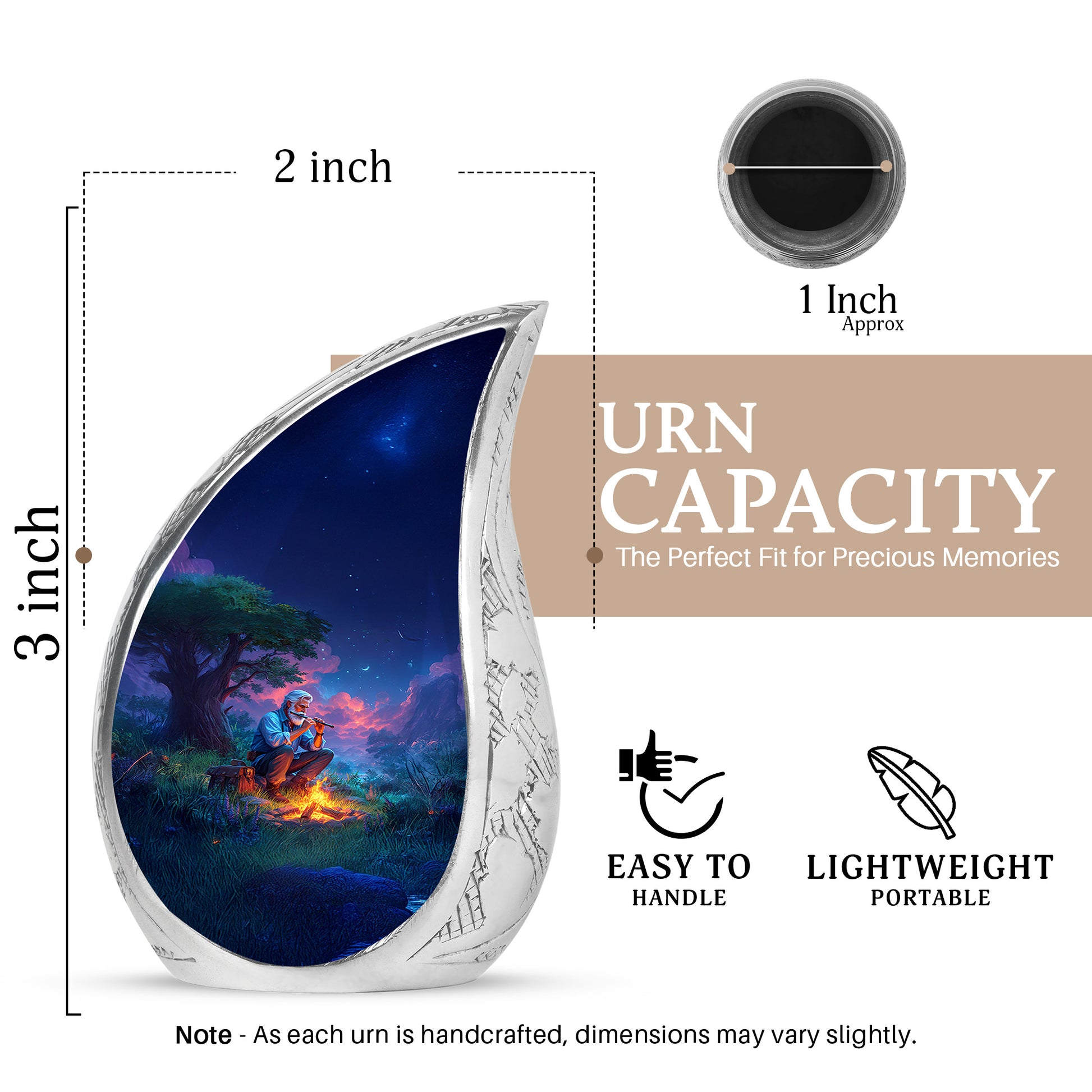Soft Blue Campfire Cremation Urn angled view of lid and engraved motif - smooth teardrop contour featuring campfire art - mini keepsake memorial for portion of cremation ashes