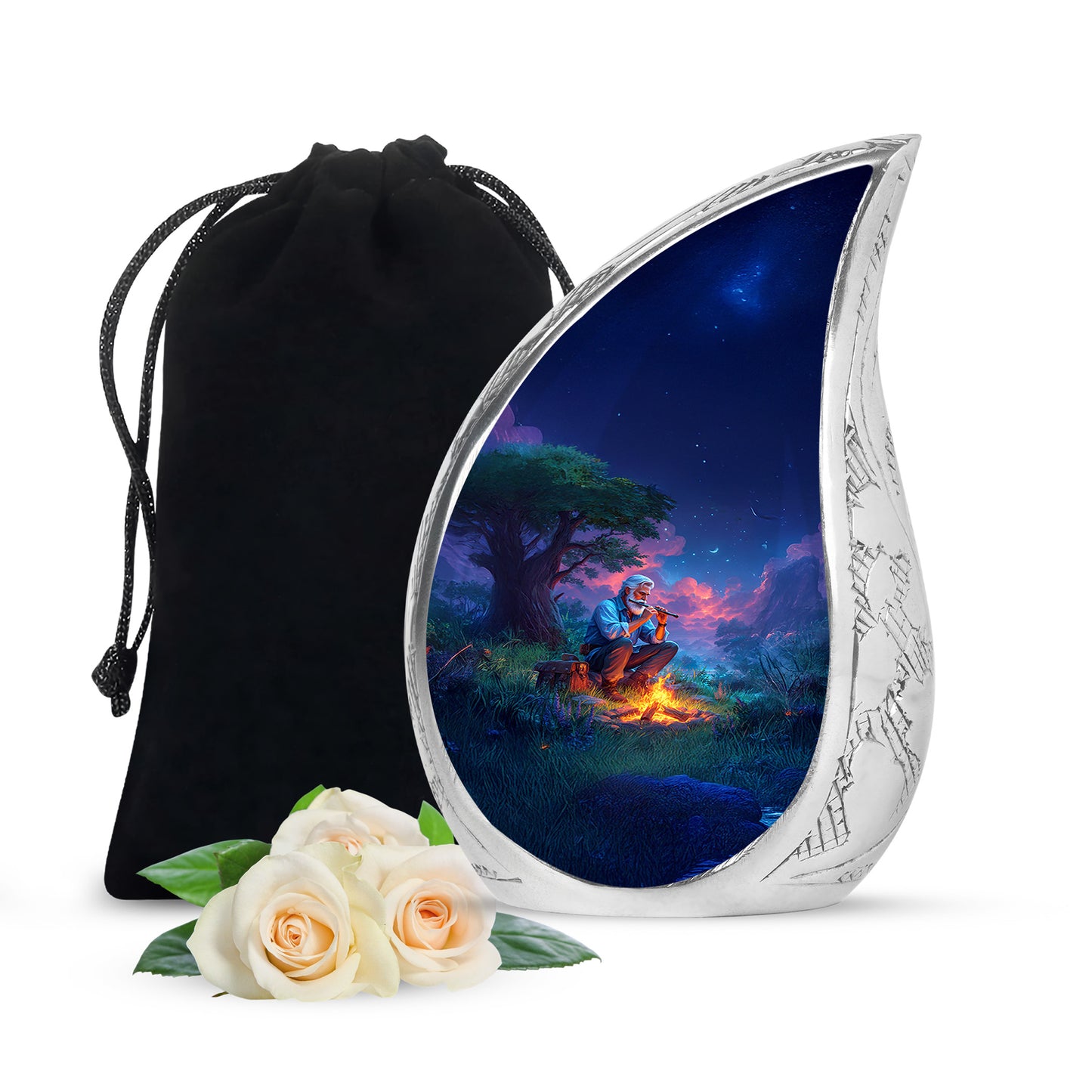 Slate Blue Campfire Cremation Urn front view showing detailed design - rounded teardrop campfire design with delicate detail - full-size 10 inch 200 cubic inch adult cremation urn