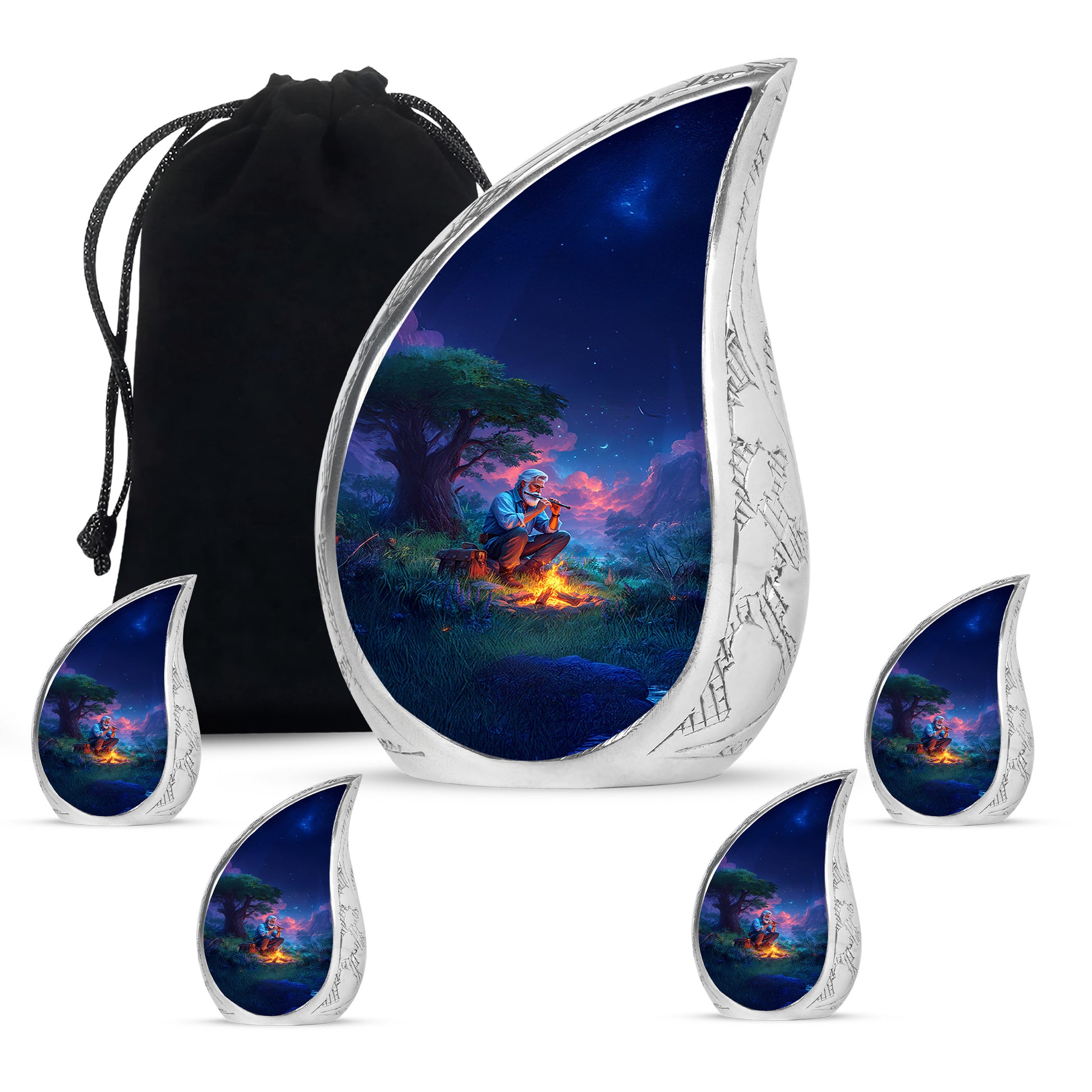 Sky Blue Campfire Cremation Urn side profile showing urn shape - flowing teardrop campfire silhouette on curved aluminum - memorial set with one large and four small urns