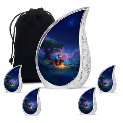 Sky Blue Campfire Cremation Urn side profile showing urn shape - flowing teardrop campfire silhouette on curved aluminum - memorial set with one large and four small urns