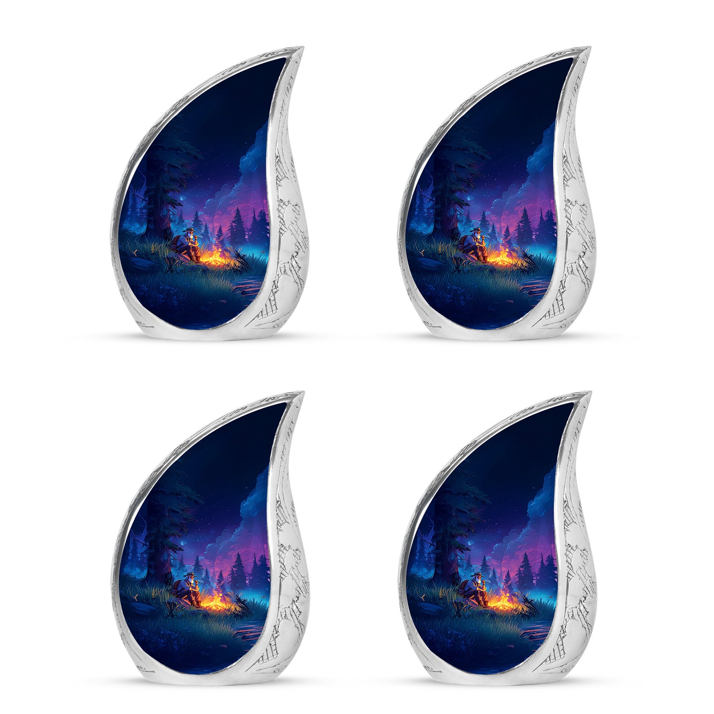 Sapphire Blue Campfire Cremation Urn close-up of engraving and surface detail - graceful tear-shaped urn with campfire motif - 10 inch aluminum urn for cremated remains