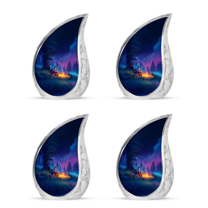 Sapphire Blue Campfire Cremation Urn close-up of engraving and surface detail - graceful tear-shaped urn with campfire motif - 10 inch aluminum urn for cremated remains