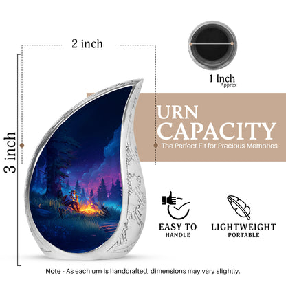 Slate Blue Campfire Cremation Urn angled view of lid and engraved motif - rounded teardrop campfire design with delicate detail - mini keepsake memorial for portion of cremation ashes
