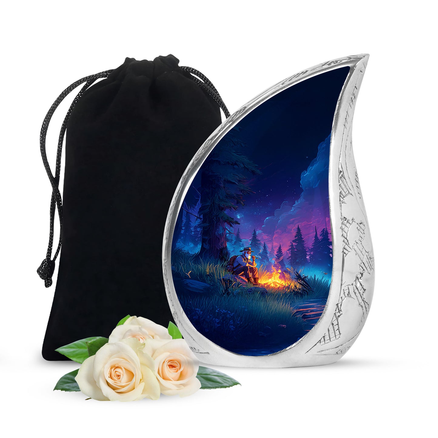 Cobalt Blue Campfire Cremation Urn front view showing detailed design - graceful tear-shaped urn with campfire motif - full-size 10 inch 200 cubic inch adult cremation urn