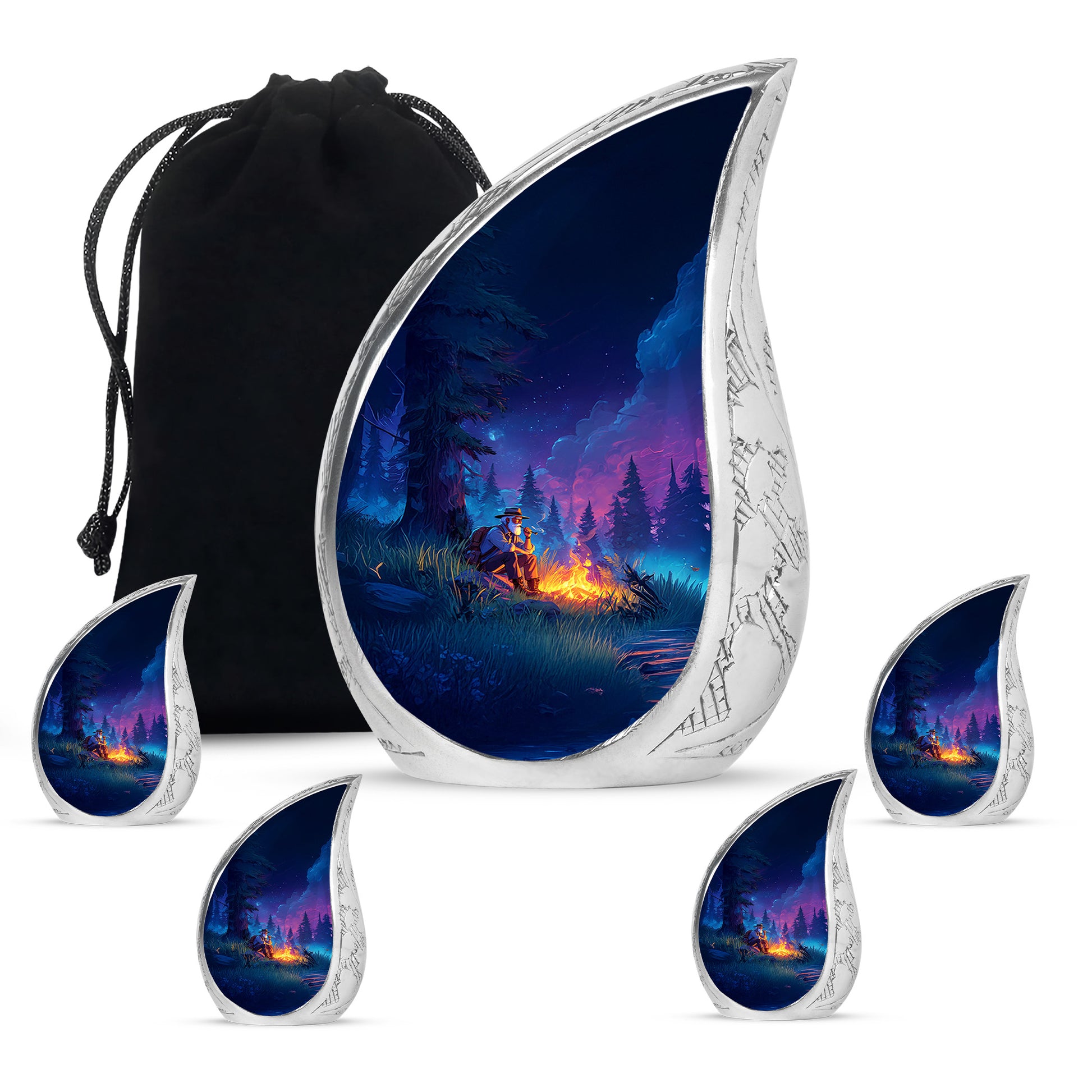 Serene Blue Campfire Cremation Urn side profile showing urn shape - graceful tear-shaped urn with campfire motif - memorial set with one large and four small urns