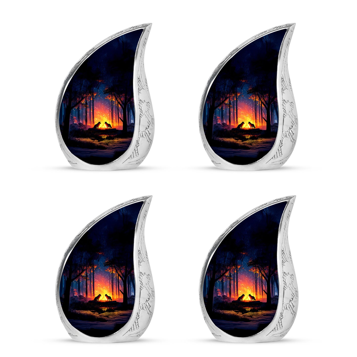 Twilight Blue Campfire Cremation Urn close-up of engraving and surface detail - graceful tear-shaped urn with campfire motif - 10 inch aluminum urn for cremated remains