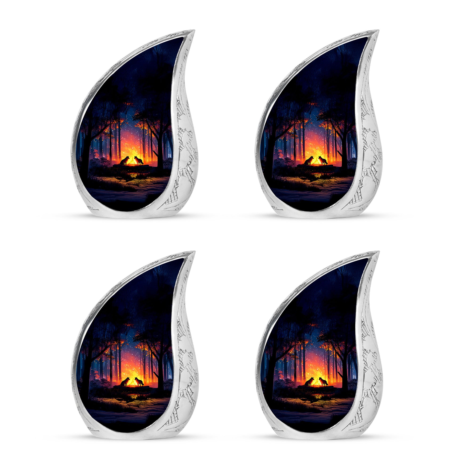 Twilight Blue Campfire Cremation Urn close-up of engraving and surface detail - graceful tear-shaped urn with campfire motif - 10 inch aluminum urn for cremated remains